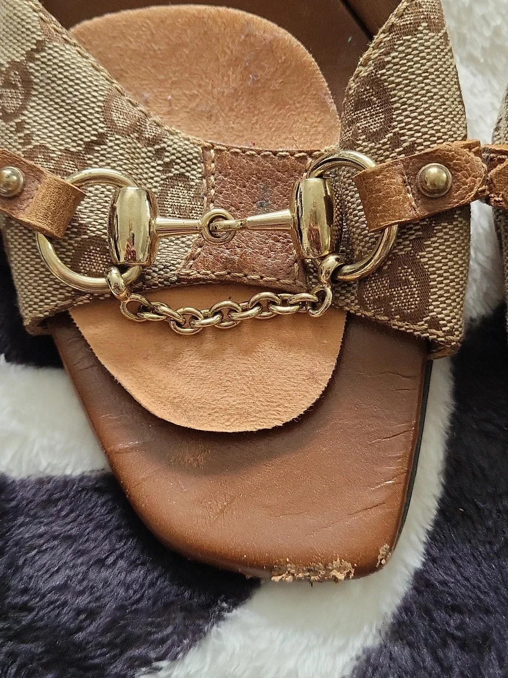 Gucci Brown Monogram Canvas & Leather Slide Mules with Gold Hardware - Picture 2 of 16